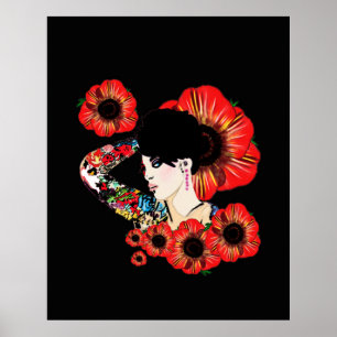 Póster Menina de tinta quente ART BY Leah G Flor vermelha