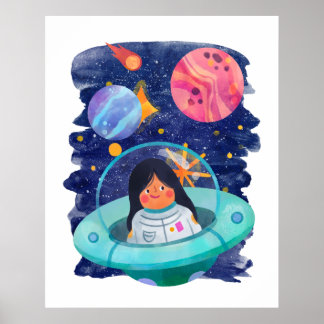 Poster Menina Disco Voador Astronauta Espaço Exterior Pla