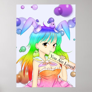 Póster Menina do Anime do coelho do arco-íris