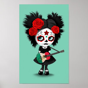 Poster Menina do crânio do açúcar que joga a guitarra