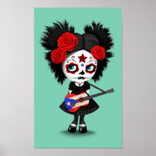 Poster Menina do crânio do açúcar que joga a guitarra