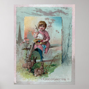Póster Menina do Victorian na cerca com coelhos da pásco