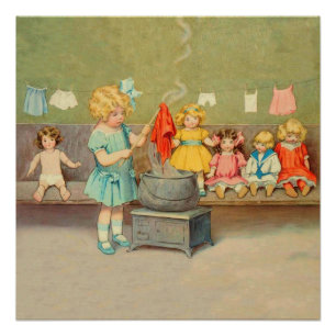 Póster Menina do vintage que joga com bonecas