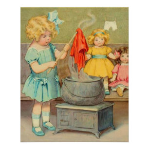Póster Menina do vintage que joga com bonecas