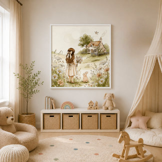 Poster Menina e Coelho em Aquarela Vintage | Cottagecore