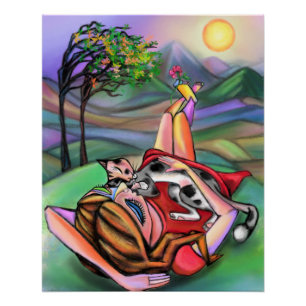 Póster Menina e Gato no Estilo de Arte da Natureza