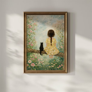 Poster Menina e Gato no Jardim de Primavera