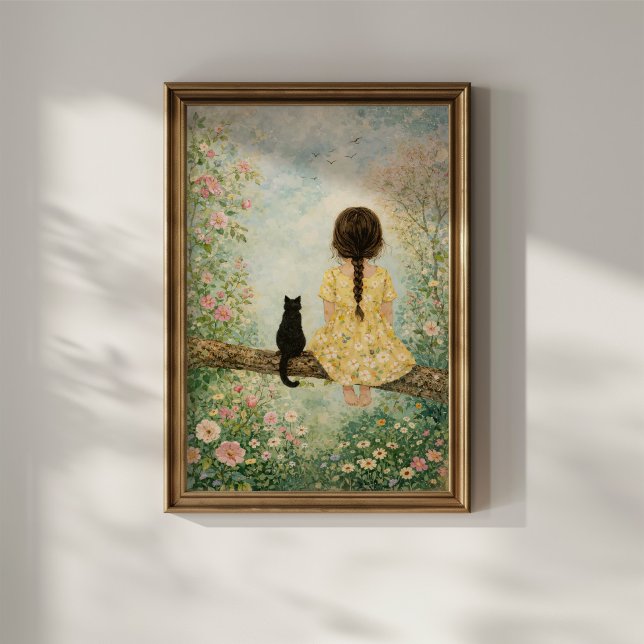 Poster Menina e Gato no Jardim de Primavera (Criador carregado)
