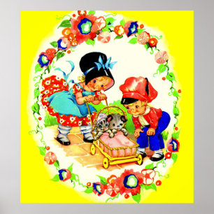 Poster menina e menino e gatinho e cachorrinho