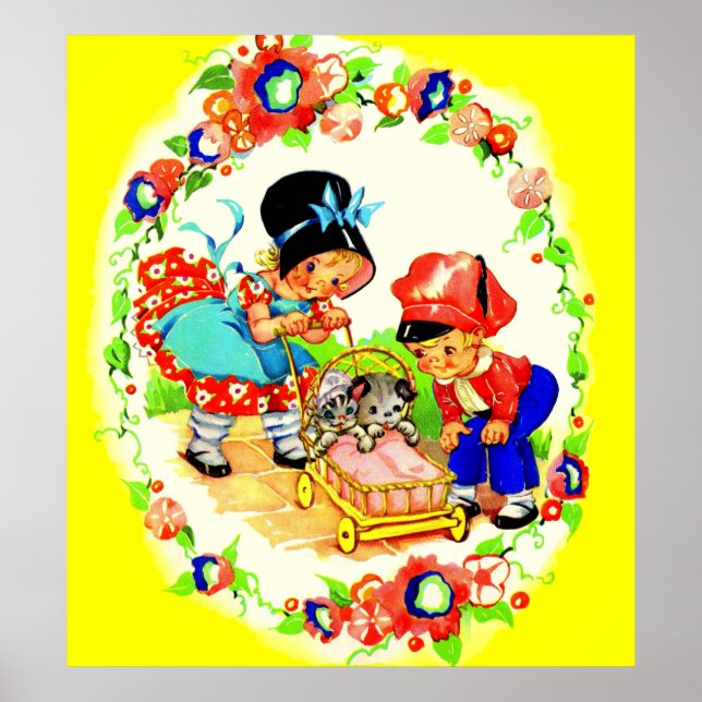 Poster menina e menino e gatinho e cachorrinho (Frente)
