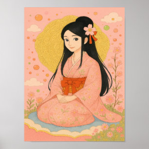 Poster Menina Elegante em Kimono - Estilo Japonês de Arte