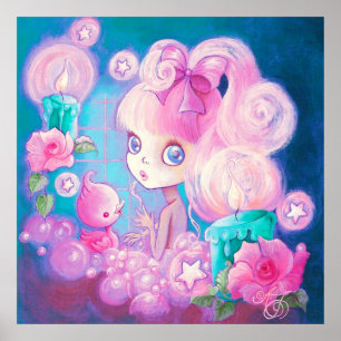 Poster Menina em Bubblebath com velas e rosas