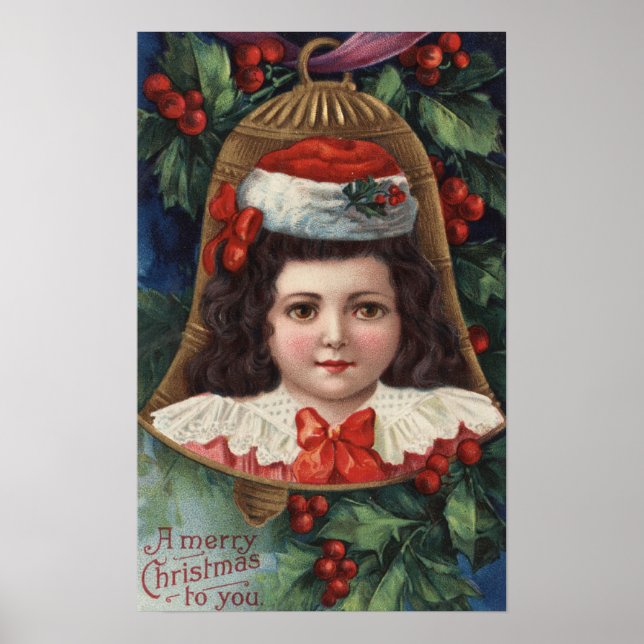 Póster Menina em Santa Hat em Bell (Frente)