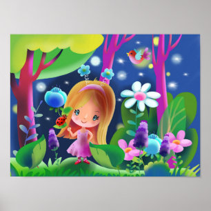 Poster menina em uma floresta mágica com flores e um páss