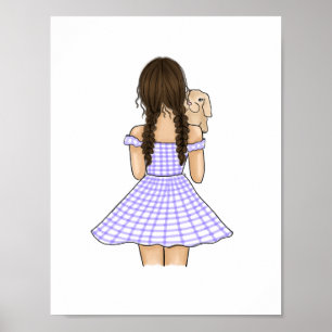 Poster Menina em Xadrez Roxo Carregando Coelho de Estimaç