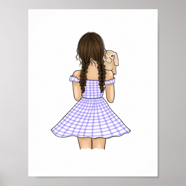 Poster Menina em Xadrez Roxo Carregando Coelho de Estimaç (Frente)