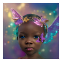 Menina étnica fofa borboleta roxa azul-turquesa