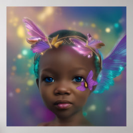 Poster Menina étnica fofa borboleta roxa azul-turquesa