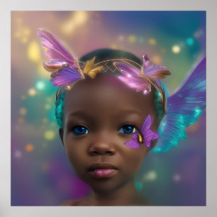 Poster Menina étnica fofa borboleta roxa azul-turquesa