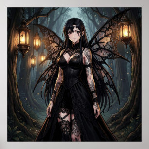 Poster Menina Fada Anime Gótica na Floresta Encantada