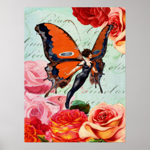 Poster Menina Fada Borboleta Vintage Rosa Floral Arte