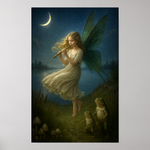 Poster Menina Fada Tocando Flauta Para Rãs Ao Luar
