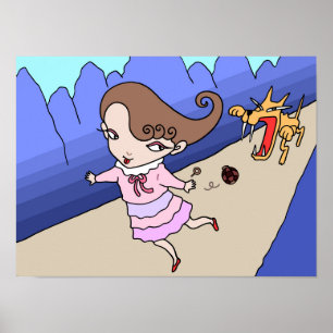 Poster Menina fugindo de um lobo feroz.