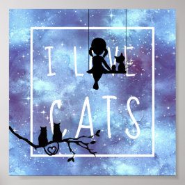 Poster Menina Gata Galáxia Azul Aquarela Silhueta Quarto