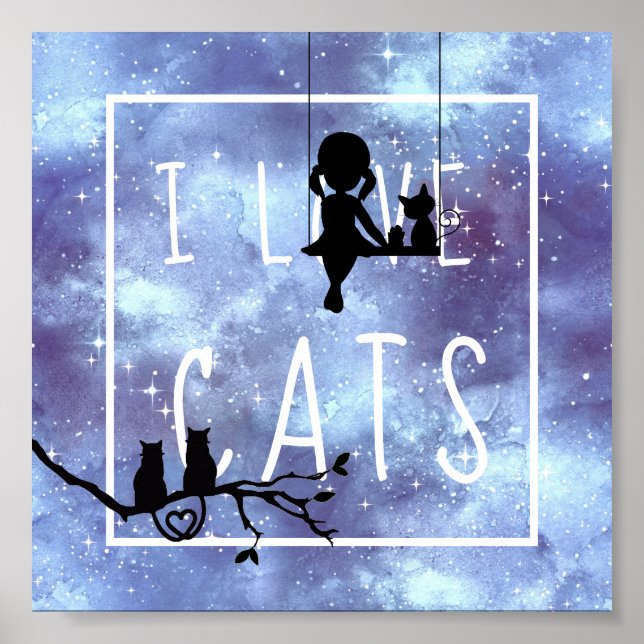 Poster Menina Gata Galáxia Azul Aquarela Silhueta Quarto (Frente)