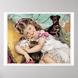 Poster Menina, Gatinhos e Cachorro Dachshund, Vintage