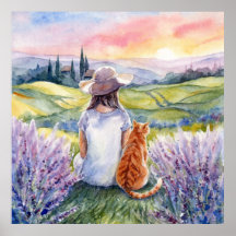 Menina & Gato Ginger Observando o Nascer do Sol Ar