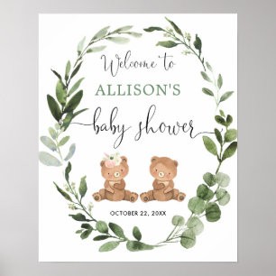Poster Menina gêmeas teddy urso chá de fraldas sinal de