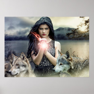 Póster Menina gótico Mystical com lobos e luz mágica