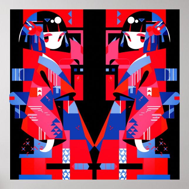 Poster Menina Japonesa Abstrata Moderna – Kimono Geométri (Frente)
