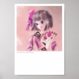 Póster Menina japonesa bonito com um fã