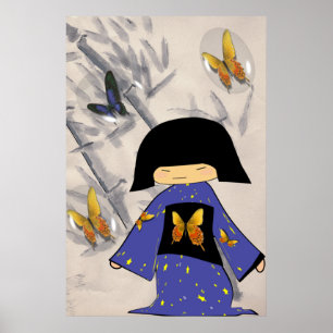 Póster Menina Japonesa com Bolhas de Borboleta