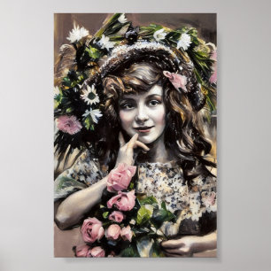Poster Menina jovem com chapéu floral rosas desenho em pa
