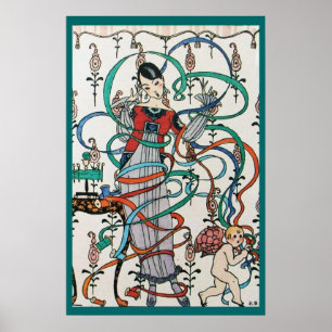 POSTER MENINA JOVEM COM FITAS COLORIDAS E CUPIDO