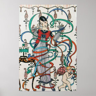 PÓSTER MENINA JOVEM COM LAÇO COLORIDO EM REDO E CUPIDO