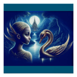 Póster Menina Jovem e Cisne Paisagem Incrível