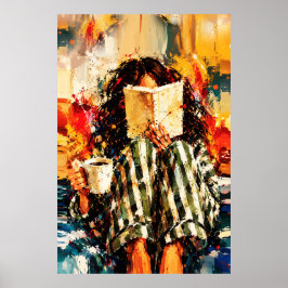 Poster Menina Lendo Livro Pintura Artística Aconchegante