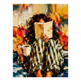 Póster Menina Lendo Livro Pintura Artística Aconchegante