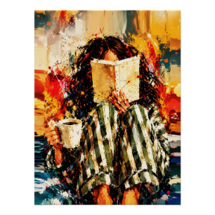 Póster Menina Lendo Livro Pintura Artística Aconchegante