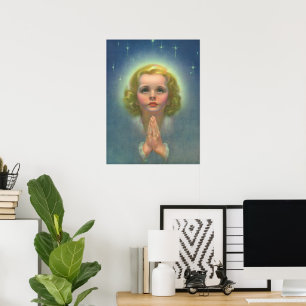 Póster Menina Loira Angelical com Auréola e Estrelas Reza
