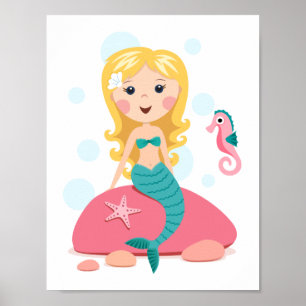 Póster Menina loura dos desenhos animados da sereia com