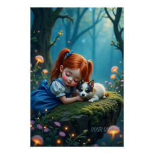 Póster Menina Mágica e Cachorrinho na Floresta Encantada