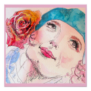 Póster Menina Mulher Rosa Aquarela Boina Aqua Rosa Cartaz