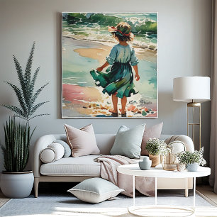 Poster Menina na praia, ondas oceânicas aquáticas,