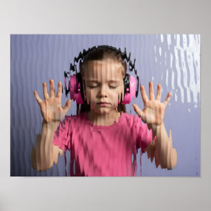 Poster Menina neurodivergente com fones de ouvido rosa