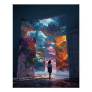 Póster Menina no Portal para um Mundo de Sonho Vibrante